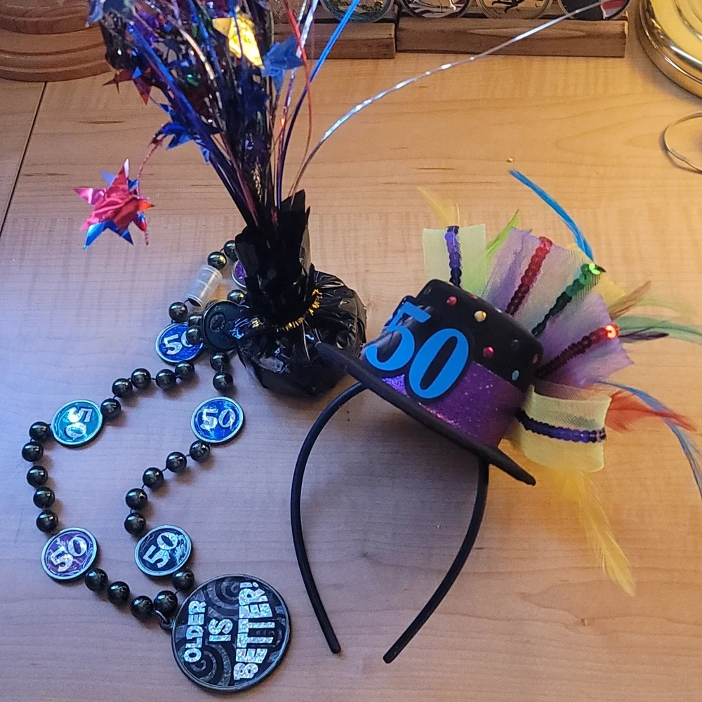 50th birthday hat, necklace and matching balloon weight